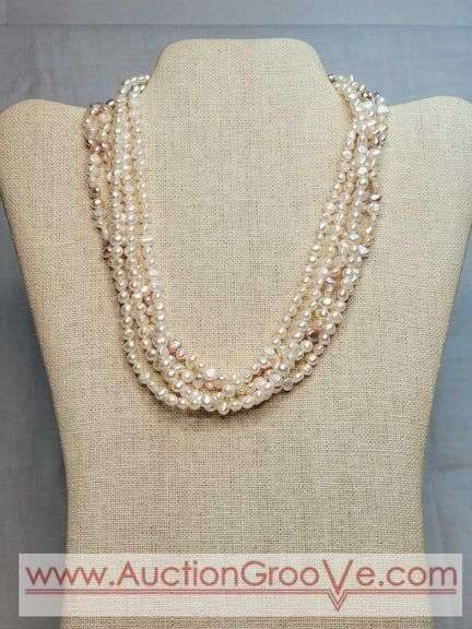 FIVE Strand Freshwater Baroque Cream, Champaign and Pink Pearl Necklace. Gold Tone Faux Pearl Clasp. 17". MB