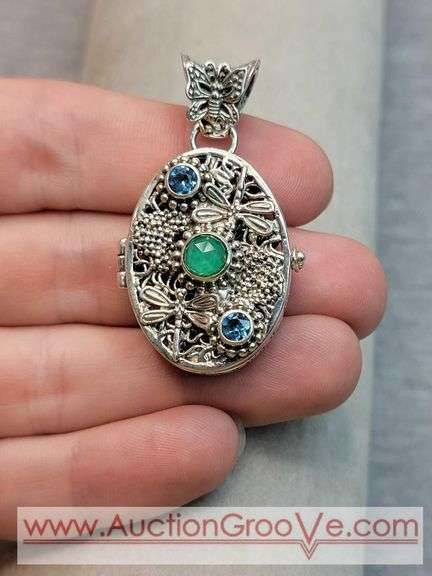 SARDA Sterling Silver Emerald and Blue Topaz Butterfly and DragonFly Locket Pendant. 14.6g. JB