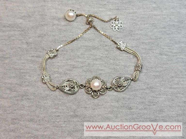 DGS Turkey Sterling Silver Pearl Filigree Bracelet. Slider to Adjust length. JB