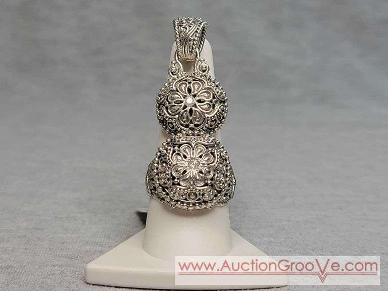 SARDA Artisan Gem Collection of Bali .06CT White Diamond Sterling Silver Solitaire Ring Size 10 and Matching Pendant. 14.8g Total. JB