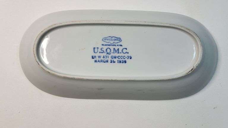 1936 UNITED STATES QUARTERMASTER CORPS oval plate or serving dish. U S Q M C Vintage White China Plate or Platter. Marked: McNicol China Clarksburg W. VA USQMC W. VA., ER W 431 QM-CCC-79 , March 31, 1