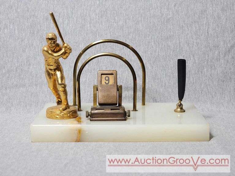 Baseball Themed Perpetual Calendar Desk Organizer. Letter and Pen Holder. 9 x 5.5 x 4.5. January - April and Sunday- Tuesday have discoloration and the baseball player needs some glue. But Everything 