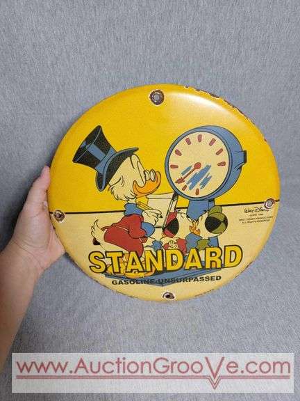 Standard Gasoline. Unsurpassed Walt Disney. Round Metal Sign. 12". B1
