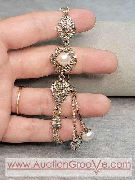 DGS Turkey Sterling Silver Pearl Filigree Bracelet. Slider to Adjust length. JB