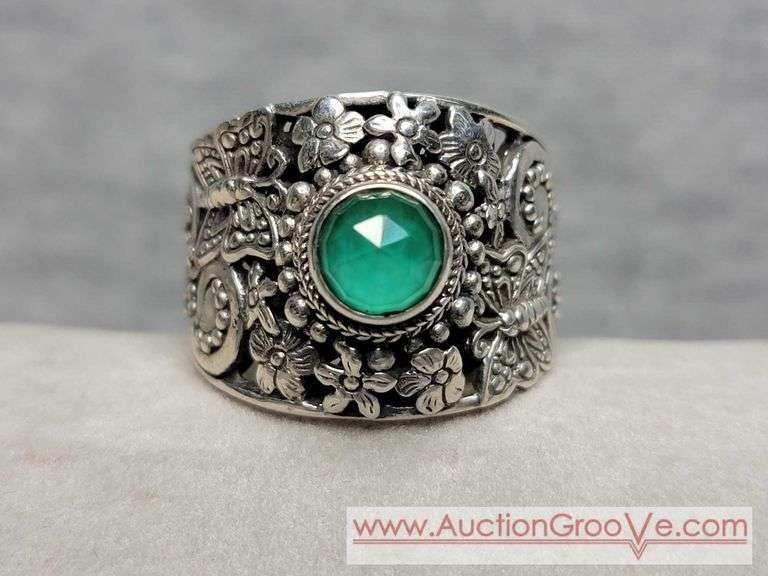 SARDA Sterling Silver Enerald Ring with Butterfly and Flowers. Size 10. 10.9g. JB