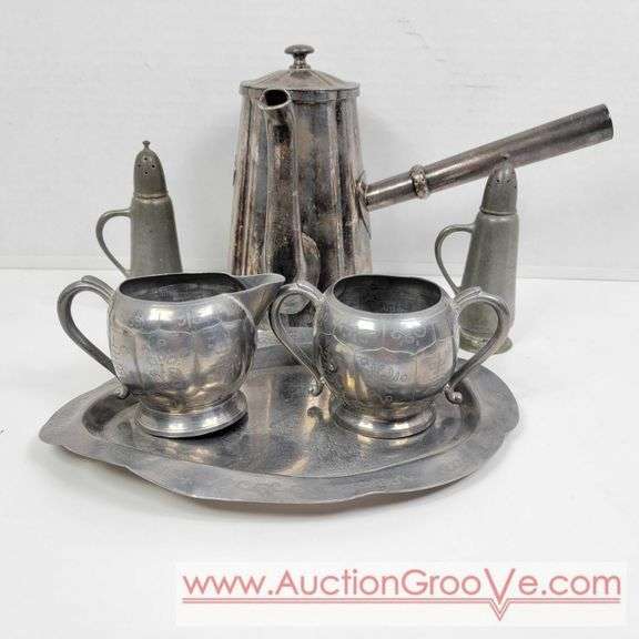 Reed and Barton Silver Soldered coffee, Plymouth salt and pepper Shakers and cream and sugar on a bent tray. A