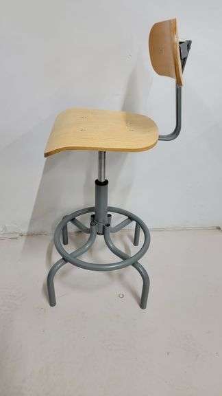 You are bidding on a Single, Swivel, Contoured Plywood, Adjustable Height Stools Chair by INTERION.  More available in this auction. Used and fully functional. See photos for details.  From Company in
