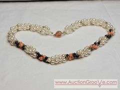 Lapis, Pink Coral and Faux Pearl 17" Necklace with 14K GF Clasp. MB