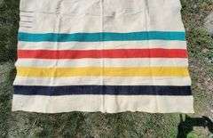 HUDSON BAY WOOL BLANKET. Zoom in on photos to examine condition. 83 X 66".