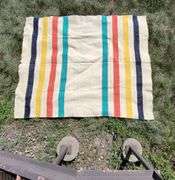 HUDSON BAY WOOL BLANKET. Zoom in on photos to examine condition. 83 X 66".