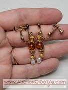 Natural Amber and "Potato" Pearl 15" Necklace and Screwback Earrings. MB