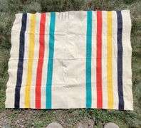 HUDSON BAY WOOL BLANKET. Zoom in on photos to examine condition. 83 X 66".