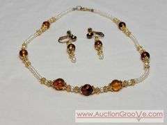 Natural Amber and "Potato" Pearl 15" Necklace and Screwback Earrings. MB
