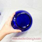 Vintage Louie Glass Co. Cobalt Blue Glass Harpo Pitcher and Tumbler 1930's. Wavy Cobalt Blue Pitcher and Five Glasses. 8 x 9.