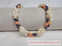 Lapis, Pink Coral and Faux Pearl 17" Necklace with 14K GF Clasp. MB
