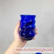 Vintage Louie Glass Co. Cobalt Blue Glass Harpo Pitcher and Tumbler 1930's. Wavy Cobalt Blue Pitcher and Five Glasses. 8 x 9.