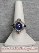 SARDA Sterling Silver Ring. Artisan Gem Collection of Bali. .30CTW Ocal Cabochon and Trillion Tanzanite. Size 9. 12g. JB