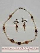 Natural Amber and "Potato" Pearl 15" Necklace and Screwback Earrings. MB