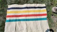 HUDSON BAY WOOL BLANKET. Zoom in on photos to examine condition. 83 X 66".