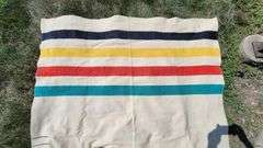 HUDSON BAY WOOL BLANKET. Zoom in on photos to examine condition. 83 X 66".
