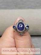 SARDA Sterling Silver Ring. Artisan Gem Collection of Bali. .30CTW Ocal Cabochon and Trillion Tanzanite. Size 9. 12g. JB