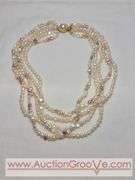FIVE Strand Freshwater Baroque Cream, Champaign and Pink Pearl Necklace. Gold Tone Faux Pearl Clasp. 17". MB