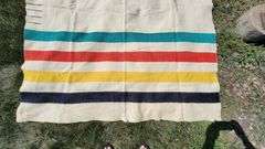 HUDSON BAY WOOL BLANKET. Zoom in on photos to examine condition. 83 X 66".