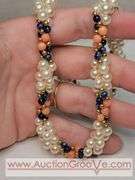 Lapis, Pink Coral and Faux Pearl 17" Necklace with 14K GF Clasp. MB