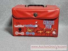 TWO Vintage SPP Vinyl Circus Fun Lunch Boxes. Rare Hard to Find.  8.5 x 6 x 5 and 5 x 4 x 3.5. A2
