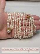 FIVE Strand Freshwater Baroque Cream, Champaign and Pink Pearl Necklace. Gold Tone Faux Pearl Clasp. 17". MB