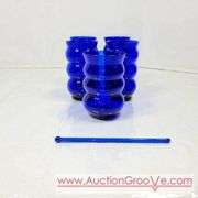 Vintage Louie Glass Co. Cobalt Blue Glass Harpo Pitcher and Tumbler 1930's. Wavy Cobalt Blue Pitcher and Five Glasses. 8 x 9.