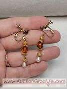 Natural Amber and "Potato" Pearl 15" Necklace and Screwback Earrings. MB