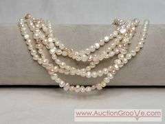 FIVE Strand Freshwater Baroque Cream, Champaign and Pink Pearl Necklace. Gold Tone Faux Pearl Clasp. 17". MB