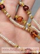 Natural Amber and "Potato" Pearl 15" Necklace and Screwback Earrings. MB