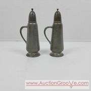 Reed and Barton Silver Soldered coffee, Plymouth salt and pepper Shakers and cream and sugar on a bent tray. A