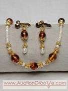 Natural Amber and "Potato" Pearl 15" Necklace and Screwback Earrings. MB