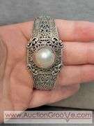 SARDA Sterling Silver Cultured White Mabe Pearl Bracelet. Bend to Adjust size. 46g. JB