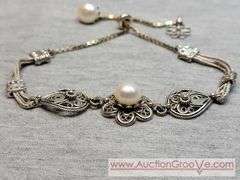 DGS Turkey Sterling Silver Pearl Filigree Bracelet. Slider to Adjust length. JB