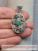 SARDA Sterling Silver Emerald and Blue Topaz Butterfly and DragonFly Locket Pendant. 14.6g. JB