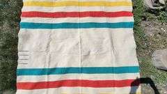 HUDSON BAY WOOL BLANKET. Zoom in on photos to examine condition. 83 X 66".