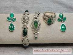 SARDA Sterling Silver Bracelet, Pendant, Earrings and Ring. Emerald Green. Adjustable Length Beacelet. 9-7.5", Ring Size 10. 68g total. JB