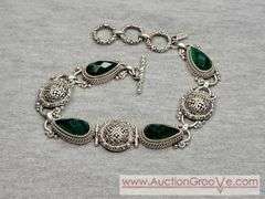 SARDA Sterling Silver Bracelet, Pendant, Earrings and Ring. Emerald Green. Adjustable Length Beacelet. 9-7.5", Ring Size 10. 68g total. JB