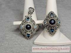 SARDA Sterling Silver Blue Sapphire and Topaz Ring and Pendant. Size 10. 24.8g total. JB