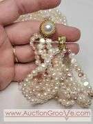 FIVE Strand Freshwater Baroque Cream, Champaign and Pink Pearl Necklace. Gold Tone Faux Pearl Clasp. 17". MB