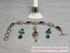 SARDA Sterling Silver Bracelet, Pendant, Earrings and Ring. Emerald Green. Adjustable Length Beacelet. 9-7.5", Ring Size 10. 68g total. JB