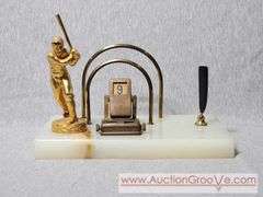 Baseball Themed Perpetual Calendar Desk Organizer. Letter and Pen Holder. 9 x 5.5 x 4.5. January - April and Sunday- Tuesday have discoloration and the baseball player needs some glue. But Everything 