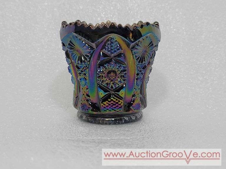 Imperial Purple Gold Blue Sawtooth Carnival Glass Toothpick Holder. Bb