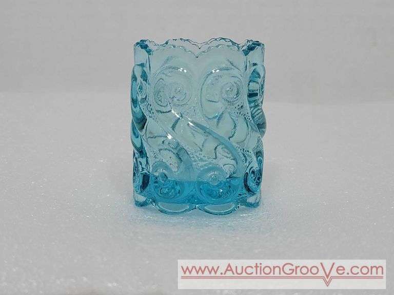 Blue "S" Pattern Glass Toothpick Holder. Bb