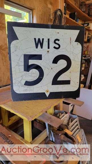 WIS 52 Vintage Highway Sign. 2nd photo with flash shows 
