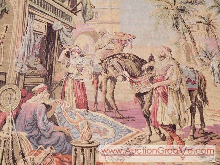 Antique Tapestry Made in Belgium. Middle Eastern Market Scene. 54 x 40. BLR